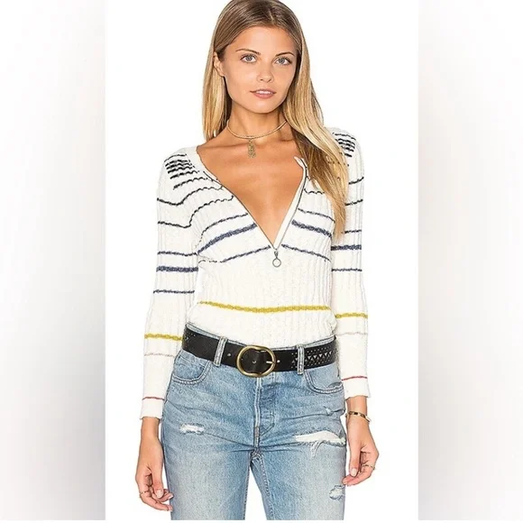 Free People multi colored STRIPED Henley ROSSI Ribbed Sweater Sz L - Picture 8 of 9